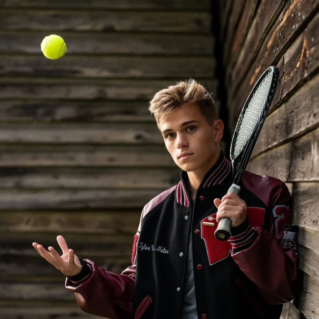 Senior guy in a letterman jacket tossing a tennis ball against a wooden wall